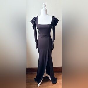 Windsor Black Puff Sleeve Mermaid Formal Gown Square Neck Slit Dress Size Small
